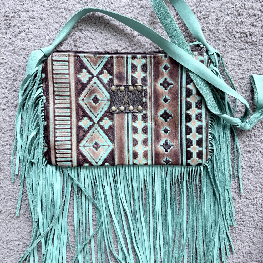 Bohemian Fringe Shoulder Bag in Turquoise and Brown